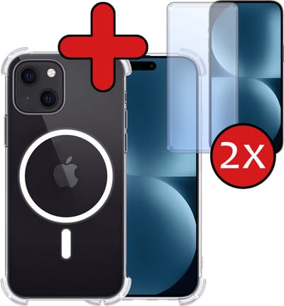 Hoesje - Met 2x Screenprotector - Geschikt voor Apple iPhone 15 - Magsafe Compatible - Sterk & Shockproof - Shock Proof Case - Back Cover - Telefoon Hoes - Telefoonhoes - Transparant