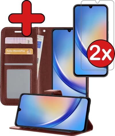 Hoesje - Met 2x Screenprotector - Geschikt voor Samsung Galaxy A34 - Luxe Pasjeshouder - Flip Case - Bookcase Portemonee - Kunstleer Book Case - Flipcase Hoes - Book Cover - Walletcase - Portemonneehoes - Telefoonhoes - Bruin