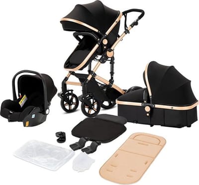 Luxe 3-in-1 Kinderwagen - Autostoeltje - Buggy - Reiswieg - Inklapbaar - 0-36 Maanden - Zwart/Goud