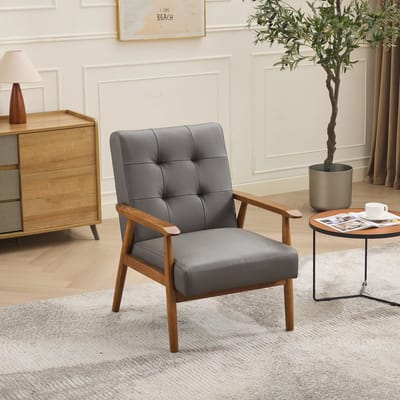 MIVRAY Fauteuil - Comfortabele Loungezetel Met Ademende Leren Bekleding - Voor Woonkamer En Werkkamer - Grijs Hout