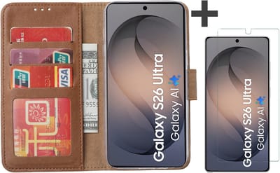 Hoesje met Screenprotector Geschikt voor Samsung Galaxy S26 Ultra – Arara bookcase met pasjeshouder - Bruin