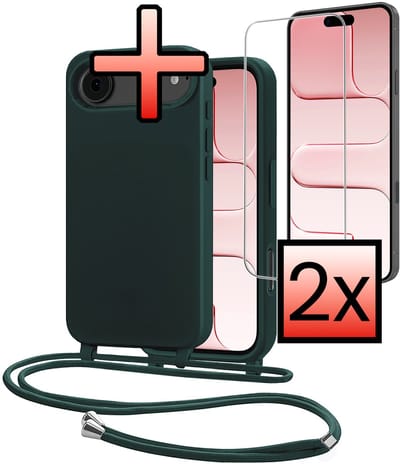 Hoes Geschikt voor iPhone Air Met Telefoonkoord Met 2x Screenprotector - Siliconen Hoesje Backcover Met Ketting - Donkergroen