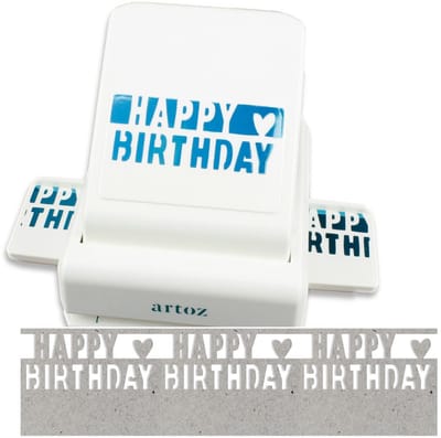 Randpons - Papierstans motief - Kaarten decoreren - Happy Birthday - 64 x 38 mm - Zilver