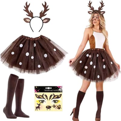 Dames kostuum met rendiercape, hoofdband en rok voor carnaval, Halloween en themafeesten