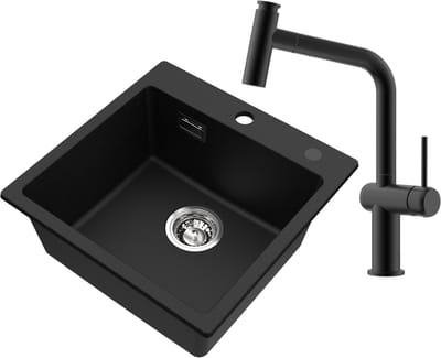 CECIPA Max Spoelbak Met Kraangat - Granieten gootsteen Antraciet Met T-Uitloop Keukenkraan - 45x45cm Graniet Spoelbak Onderbouw Spoelbak - 80% kwartszand en 20% hars