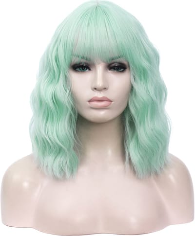 KIMU® Luxe Mint Groen Pruik Schouderlengte - Rechte Pony Krullen - Mintgroen Lichtgroen Festival