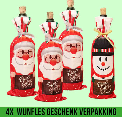 Allernieuwste® SET van 4 STUKS Wijn Fles Hoes Zak KERST van Stof Kerstcadeau Wijnfles Verpakking - Luxe Wijn Geschenkzak Wijnzak Wijnhoes Kerstdagen - Wijn Kado Kerstmis - SET 4 STUKS