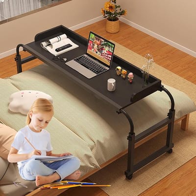 Overbedtafel met wielen - Laptoptafel bed - Eten en werken - Hoogte breedte hoek instelbaar - 140x40cm - Zwart