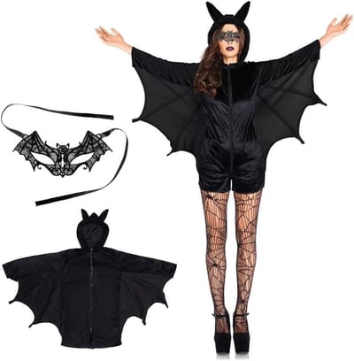 Vrouwelijk vleermuis kostuum met pluche cape en zwarte kanten masker voor Halloween feest, vampier outfit en fancy dress accessoires