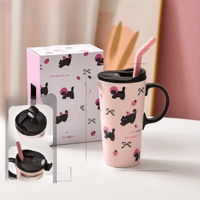 Leuke Kat Hoge Beker Meisjes Beker met Deksel Casual Beker Keramische Mok met Rietje Verjaardagscadeau Stijl 520ml
