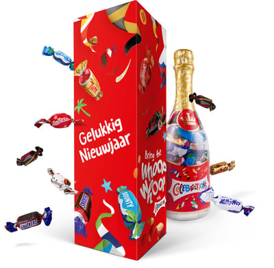 "Gelukkig Nieuwjaar" Celebrations Fles in Giftbox - 312 Gram smaken mix - Chocolade - Champagnefles