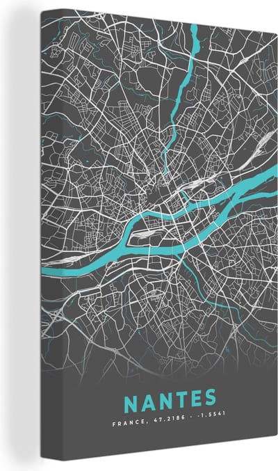 Canvas Schilderij Nantes - Frankrijk - Kaart - Stadskaart - Plattegrond - 20x30 cm - Wanddecoratie