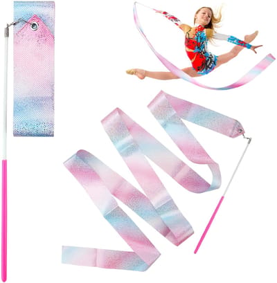 2x Danslint aan stok - gymnastiek lint - Gymnastiek Danslinten - Ritmische - Ritmische danslinten - Gymnastieklinten met draaiende staaf - Sprankelend - 200 cm - Voor Talentenjachten Artistieke Dans Batontechniek Circus Carnavalshows