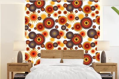 Behang - Fotobehang Design - Retro - Oranje - Bloemen - Breedte 220 cm x hoogte 240 cm