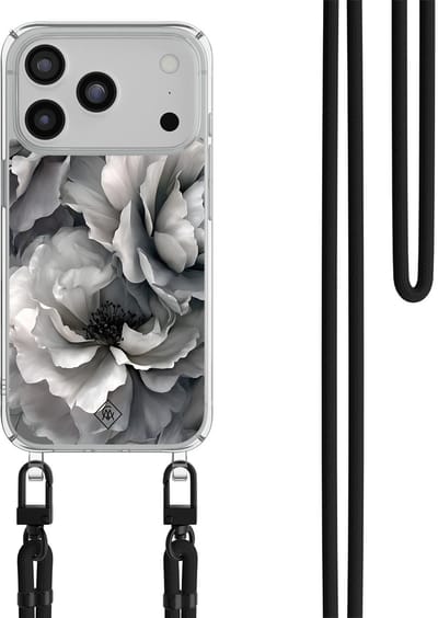 Casimoda® hoesje met zwart koord - Geschikt voor iPhone 17 Pro - Pioenroos - Afneembaar koord - TPU/polycarbonaat - Grijs