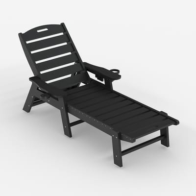 Ligbed voor Buiten - Verstelbare Rugleuning (5 Standen) - Onderhoudsvrij HDPE Zonnebed met Bekerhouder - Zwart - 198x60x32 cm