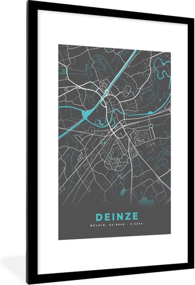 Fotolijst incl. Poster - Plattegrond – Deinze – Blauw – Stadskaart - Kaart - 80x120 cm - Posterlijst