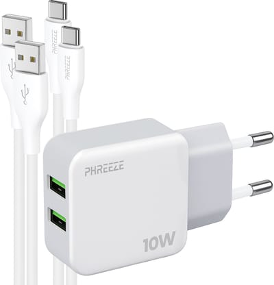 Phreeze usb lader 10 W - Dual usb poorten - Power adapter met 2 usb A naar usb C kabels 1 m - Voor tablet, laptop en controller