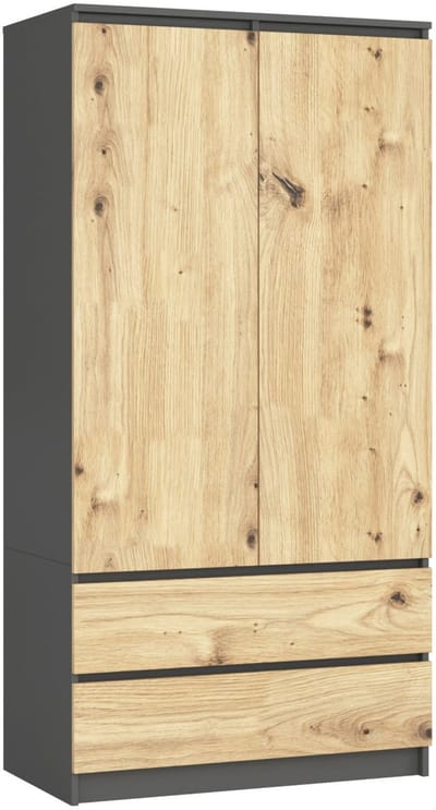 Kleidingkast S90 met 2 Deuren en 2 Lades / AKORD Furniture Factory / Grafietgrijs - Artisan Eik / 90 x 180 x 51 cm