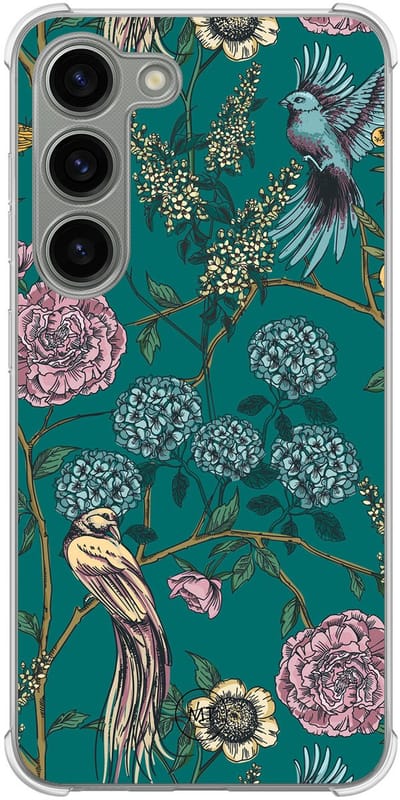 Hoesje (shockproof) geschikt voor Samsung Galaxy S23 - Vogels Japanse bloemen - Extra sterke case - TPU/polycarbonaat - Bloemen - Groen, Transparant