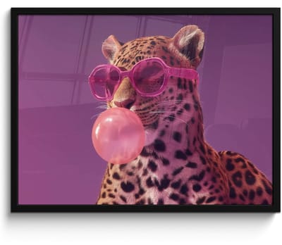 Poster in lijst - Fotolijst 80x60 cm - Posters - Panter - Zonnebril - Kauwgombel - Roze - Posterlijst zwart - Decoratie - Wanddecoratie woonkamer - Muurdecoratie slaapkamer