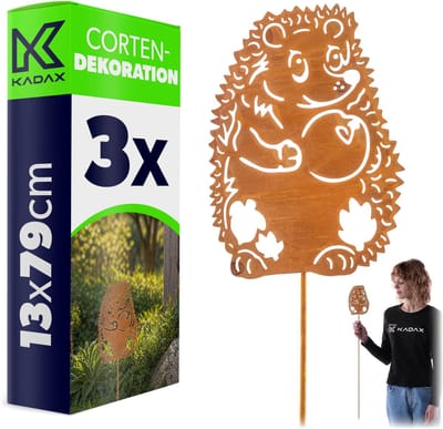 KADAX tuinplug egel van cortenstaal, 13 x 79 cm, 3 stuks, roestdecoratie voor in de tuin, roestvrijstalen tuindecoratie om in te pluggen, roestige tuindecoratie, metalen roestplug