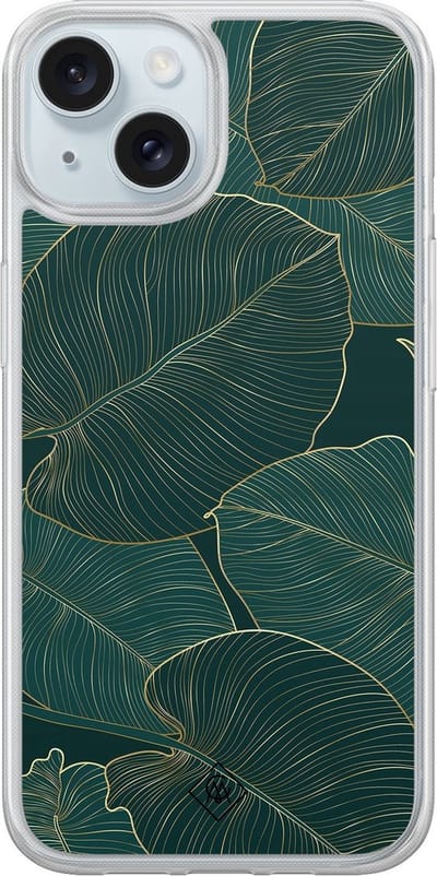 Casimoda® hoesje - Geschikt voor iPhone 13 - Monstera Leaves - 2-in-1 case - Schokbestendig - Bloemen - Verhoogde randen - Groen, Transparant