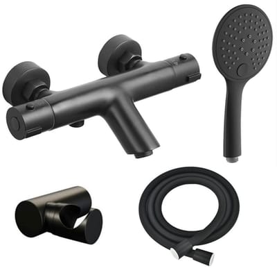 FugaFlow Efficiente Sobrado thermostatische bad-/douchekraan met handdouchehouder, doucheslang en 3-standen handdouche mat zwart -