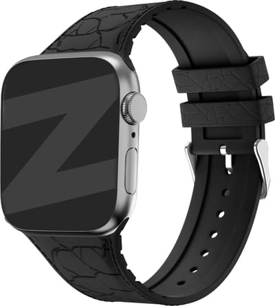 Bandz Siliconen bandje met lederpatroon - geschikt voor Apple WatchSeries 1/2/3/4/5/6/7/8/9/10/11/SE/SE2/SE3/Ultra (2) - maat: 44mm / 45mm / 46mm / 49mm - zwart