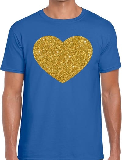 Gouden Hartje print T-shirt - met glitters print - feestkleding - blauw - voor heren - I Love - glamour S