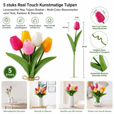 5 stuks Real Touch Kunsttulpen – Levensecht Tulpen Boeket – Kleurrijke Kunstbloemen voor Vaas, Huisdecoratie en Kantoor