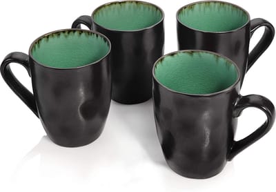 SÄNGER Palm Beach Koffiebeker Set 4 Stuks - Aardewerk Mokken 350 ml - Turquoise Krakelee Design - Bruine Rand - Vintage Uitstraling