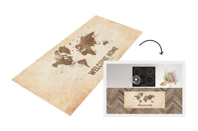 Keukenloper - Loper keuken - Welkom Thuis - Bruin - Wereldkaart - 120x50 cm - Keukenloper vinyl