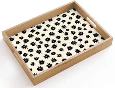 Dienblad hout 40x30 cm - Schootdienblad - Madeliefjes - Grafisch - Zwart - Beige - Borrelplank rechthoek - Plateau dienbladen