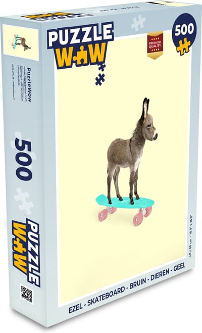 Puzzel Ezel - Skateboard - Bruin - Dieren - Geel - Legpuzzel - Puzzel 500 stukjes
