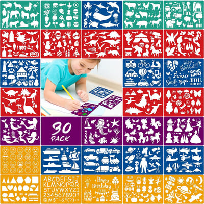 Dailygoods- Tekensjablonen 30 stuks - Kleurrijk - Dieren/Zeemeermin/Dinosaurus - Voor Kinderen - Schilderen - Kunststof 8,26 x 5,9 cm - Schilderstencils