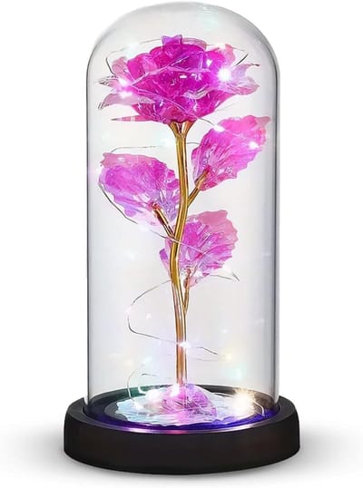 Galaxy Roos - Glazen bloem - Cadeau geven - Met glazen koepel - 1 stuk - Roze