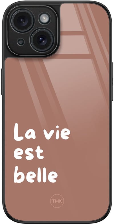 Hoesje geschikt voor Apple iPhone 15 - La vie est belle - Bruin - TPU luxe case (glossy toplaag) - Tekst - Hardcase backcover zwart