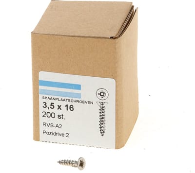 Hoenderdaal Spaanplaatschroef RVS platverzonken kop PZ2 voldraad 3.5X16 (per 200 stuks)
