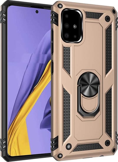 HB Hoesje Geschikt voor Samsung Galaxy A51 - Anti-Shock Hybrid Armor Back Cover - Hoes met Kickstand Ring - Goud