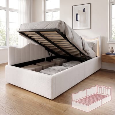 Gestoffeerd Opbergbed 90x200 cm - Eenpersoonsbed met LED en opbergruimte - Teddystof - Golvend design - Wit