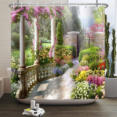 Douchegordijn Vintage Tuin Architectuur Pijlers Bloeiende Bloemen Bad Gordijn 3D Douchegordijn Badkamer Duurzaam en Wasbaar met Haken