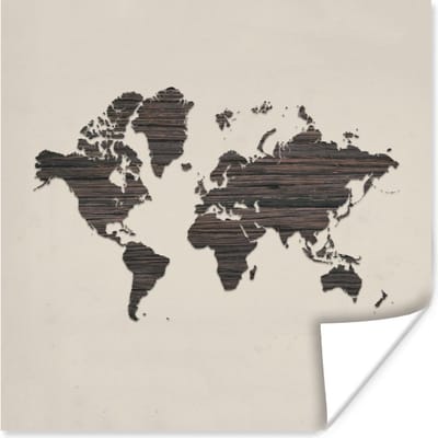 Poster 30x30 cm - Wereldkaart - Bruin - Hout - Posters - Kamer decoratie - Wanddecoratie woonkamer - Muurdecoratie slaapkamer