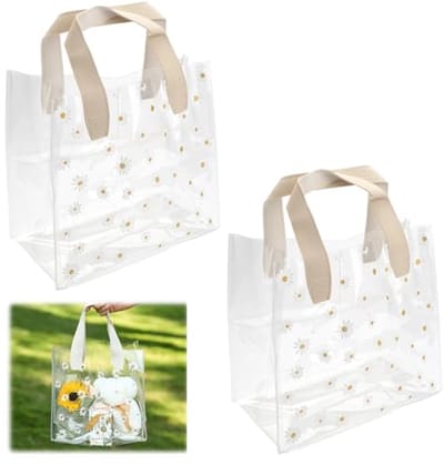 Transparante PVC-tassen met handgrepen - Set van 2 - Herbruikbare cadeauzakjes met madeliefjespatroon 24x13x22 cm