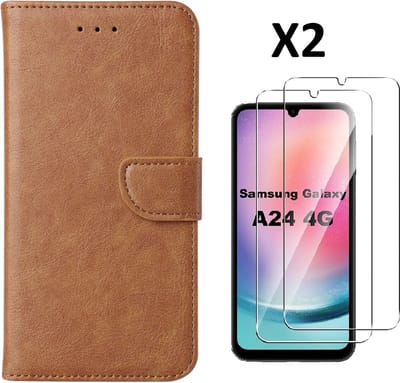 Hoesje Geschikt Voor Samsung Galaxy A24 hoesje bookcase portemonnee Met 2x screenprotector / Beschermglas - Bruin