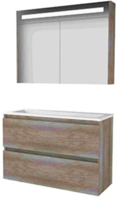 Basic-Line Premium 39 Badkamermeubelset - Ondiep - 100 x 39 cm - Greeploos - 2 Lades - Acryl Wastafel - Zonder Kraangat - Spiegelkast met LED Verlichting - Scotch Oak