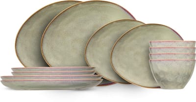 Cosy & Trendy Serviesset Trentino Groen/Roze 12-delig - Servies Set 4 Personen - Modern Design Aardewerk - Vaatwasser- & Magnetronbestendig