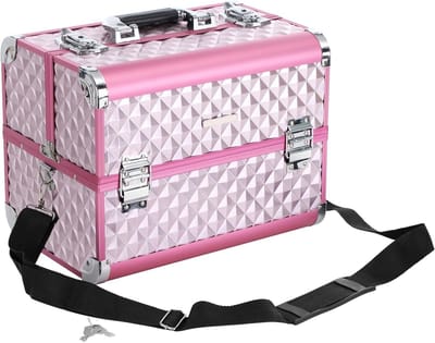 Cosmeticakoffer make-up koffer make-up opslag beauty case make-up doos multikoffer etagekoffer met diamantpatroon zilver roze 36 x 28 x 23 , HMTM-BC 30026-PINK