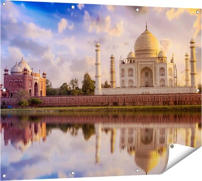 Gards Tuinposter Taj Mahal bij het Water in India - 120x90 cm - Tuindoek - Tuindecoratie - Wanddecoratie buiten - Tuinschilderij