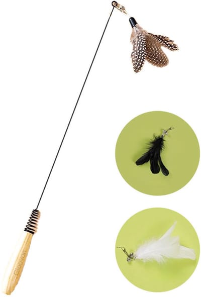 Gloovon® -Professionele Kattenhengel met Natuurlijke Veren - Wedstrijdklasse Kattenspeelgoed - Massief Houten Grip - Inclusief 3 Vervangbare Koppen - Bijtbestendig